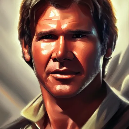 Image similar to old harrison ford as han solo, oil painting, artgerm, portrait, highly detailed, artstation