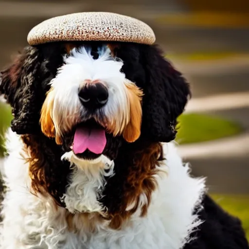 Prompt: a bernedoodle wearing a hat stylized icon trending high definition contrast