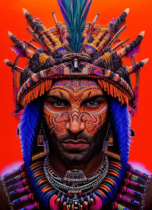 Prompt: portrait of tom ellis, hyper detailed ultra sharp aztec shaman warrior. trending on artstation, warpaint aesthetic, bloodwave, colorful, psychedelic, ornate, intricate, digital painting, concept art, smooth, sharp focus, illustration, art by artgerm and greg rutkowski and h. r. giger, 8 k