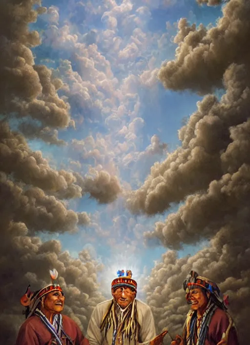 Image similar to faces of indigenous amazonian grandfathers and grandmothers spirits in the clouds, smiling, protection, benevolence, ancestors, detailed faces, art by christophe vacher