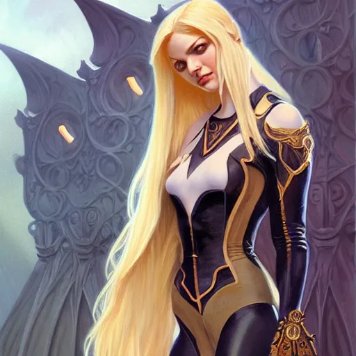 Image similar to Blonde Victoria Justice as Bat Girl, western, D&D, fantasy, intricate, elegant, highly detailed, digital painting, artstation, concept art, matte, sharp focus, illustration, art by Artgerm and Greg Rutkowski and Alphonse Mucha