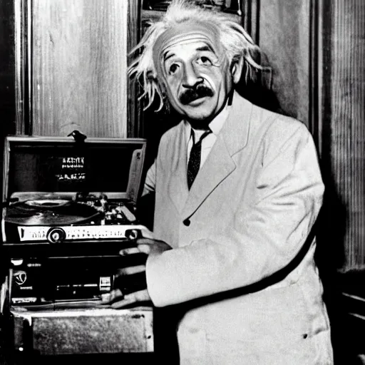 Image similar to photo of Albert Einstein DJing a record player at a nightclub, vintage, highly detailed facial features, at a nightclub