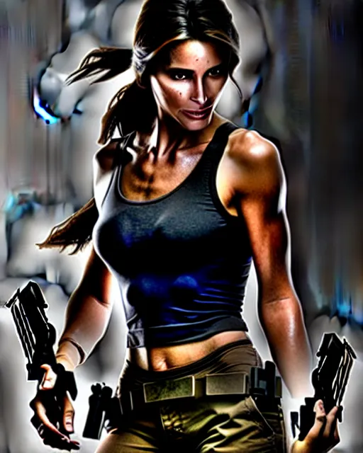 Image similar to uhd candid photo of caitlin jenner dresed as lara croft tomb raider. photo by annie leibowitz.