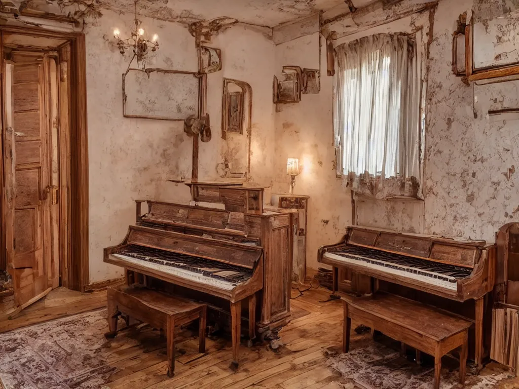 Image similar to room with old wooden piano in it, 8 k, highly detailed, amazing quality, photographic masterpiece