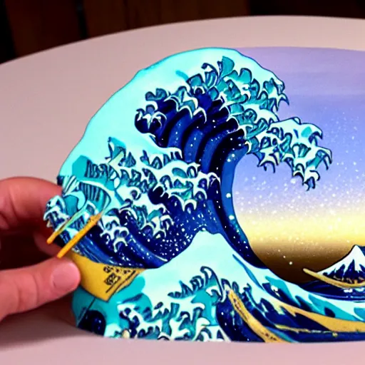 Image similar to great wave off kanagawa, claymation, aardman studios, made of clay