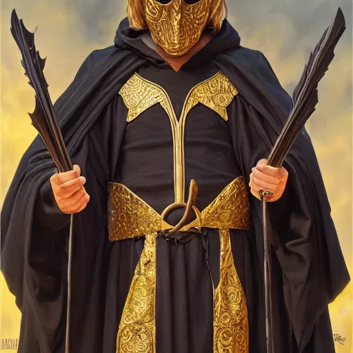 Image similar to Cult leader wearing black robes and a golden mask as a fantasy D&D character, portrait art by Donato Giancola and James Gurney, digital art, trending on artstation