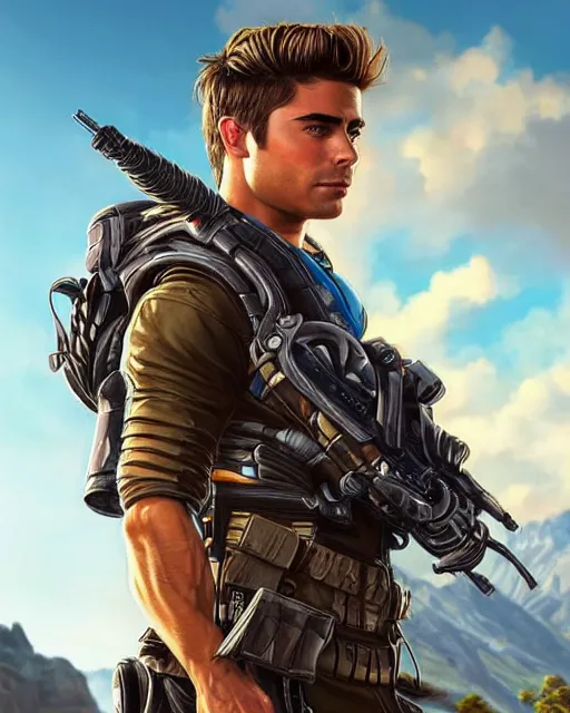 Prompt: Zac Efron as an Apex Legends character digital illustration portrait design by, Mark Brooks and Brad Kunkle detailed, gorgeous lighting, wide angle action dynamic portrait