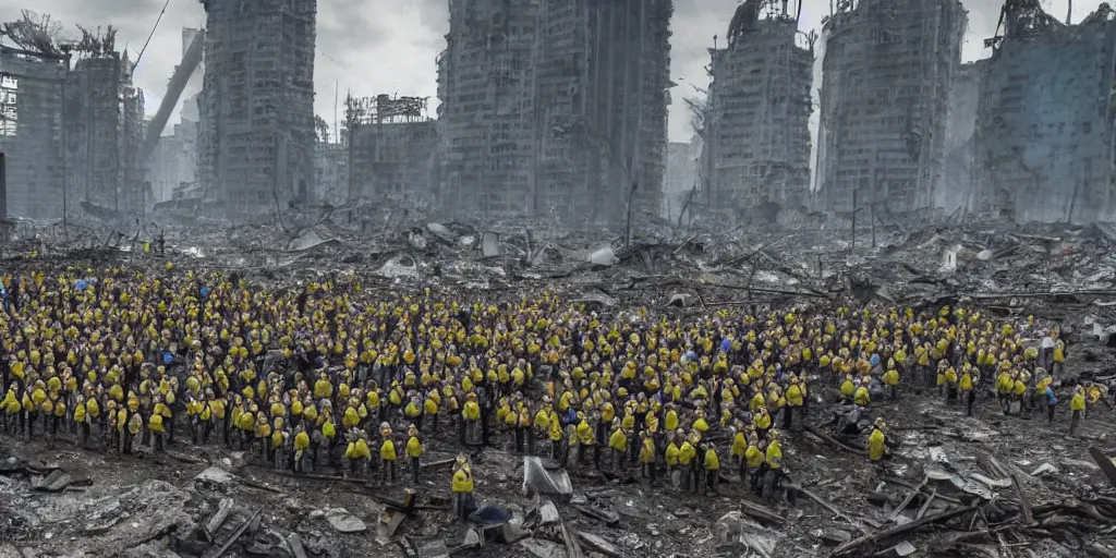 Prompt: army of minions in the middle of the ruins of cyberpunk moscow after the bombing, a minimum of surviving houses, a dim sky, a dead city