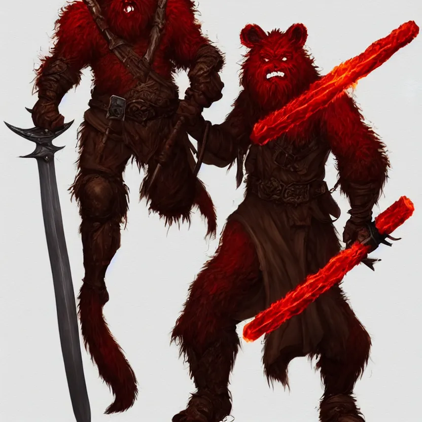 Prompt: red bugbear, class hunter, d & d, dungeons and dragons eastern, holding flaming sword, beard, male, character design on white background, gnarly details, by kim jung giu, trending on artstation, denoised