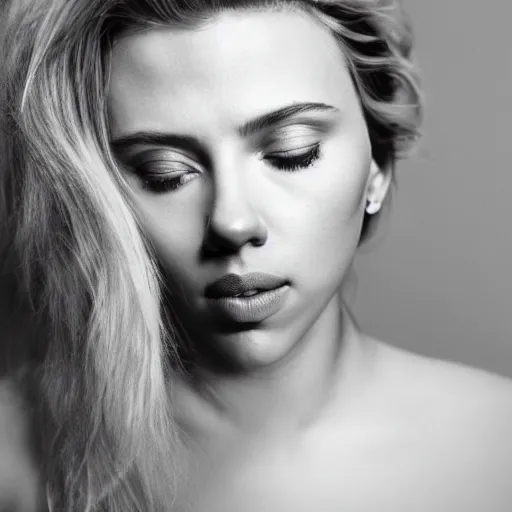 Prompt: beautiful portrait photo of Scarlett Johansson, 85mm, white studio backdrop. She is bending over to pick something important up. you cannot see her face in the image.