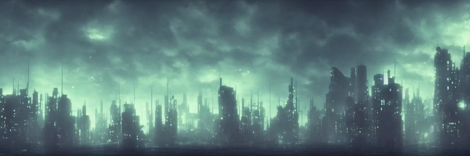 Image similar to The sky above the port was the color of television, tuned to a dead channel. In the style of Blade Runner, CyberPunk.