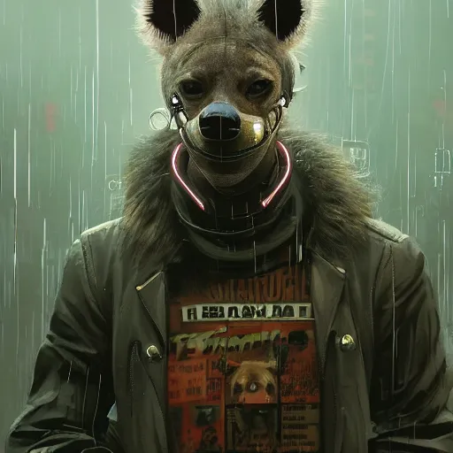 Image similar to new york city portrait of furry anthro anthropomorphic spotted hyena head animal person fursona wearing clothes strange cybernetic muzzle gloomy rainy screenshot from the video game cyberpunk 2077 digital art by Greg Rutkowski, Simon Stalenhag, christopher nolan trending on Artstation, CGSociety