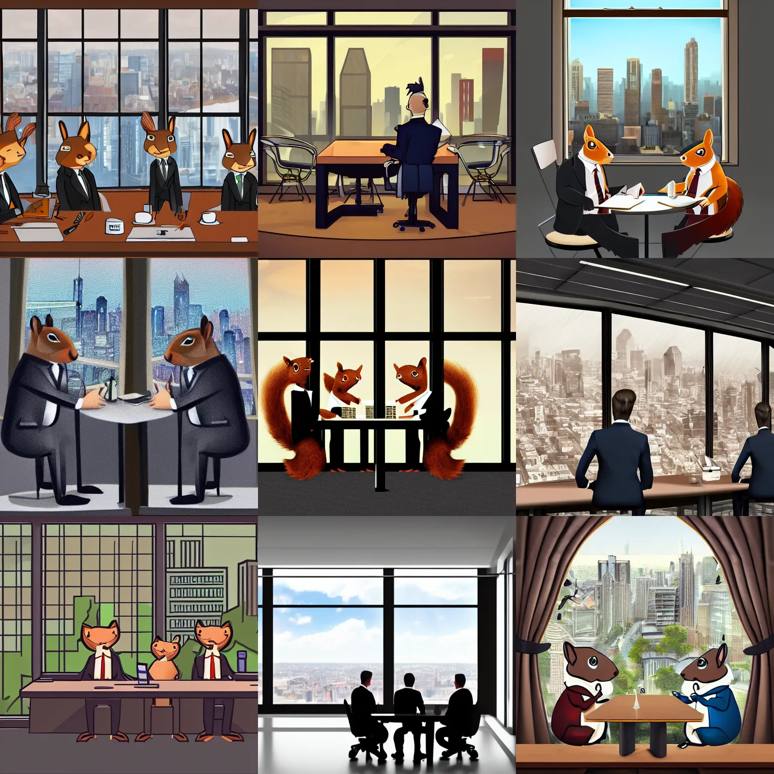 Prompt: squirrels in suits sitting at a business table, city view through the window in the background, highly detailed illustration, trending on artstation
