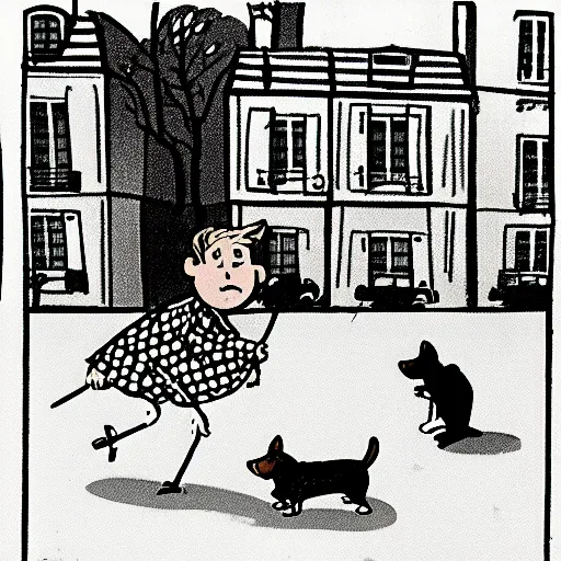 Image similar to illustration of french boy on the streets of paris playing football against a corgi, the dog is wearing a polka dot scarf, comic, 1 9 7 2