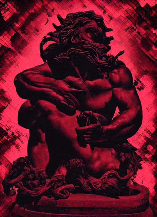 Image similar to black background with very subtle red and purple design elements, statue of laocoon and his sons, powerful, nekro, graphic design, collage art, thin lines, dark, glitch art, neo vaporwave, gritty, layout frame, square, trending on artstation