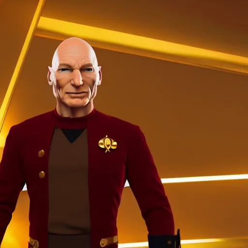 Image similar to captain picard made out of pure gold, unreal 5, hyperrealistic, octane render, cosplay, rpg portrait, dynamic lighting