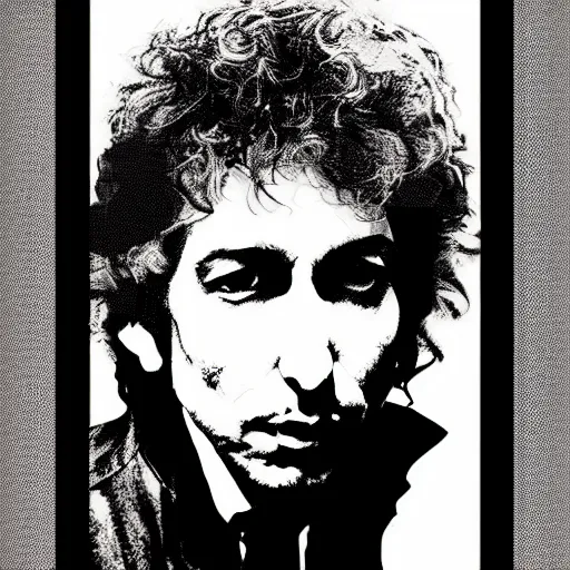 Prompt: a portrait of bob dylan photoshop halftone highlights | chromatic risograph print