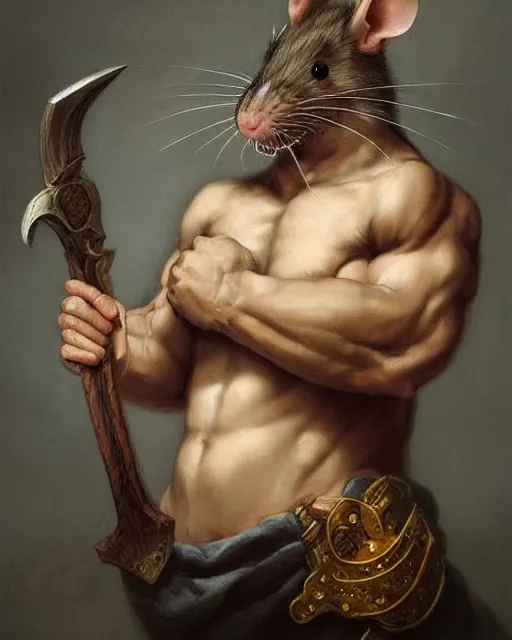 Image similar to baroque portrait of a male were-rat with the head of a rat. he is very muscular. he is wielding an axe. 4K trending on artstation by peter mohrbacher