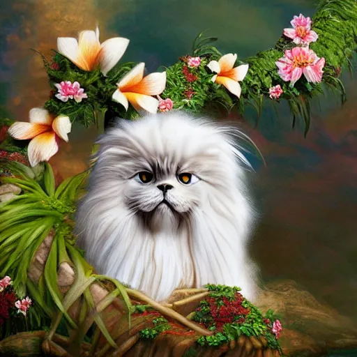 Prompt: oil painting portrait of a long haired fluffy himalayan cat wearing flower crown and lei necklace on tropical island background digital art, concept art, highly detailed, 3-D 4k, trending on art station, Mark Brooks,