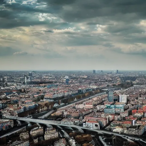 Prompt: warsaw postapocalyptic, panorama, bird's eye view