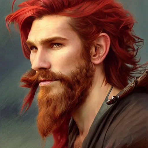 Image similar to portrait of a young ruggedly handsome but joyful pirate, male, masculine, upper body, red hair, long hair, d & d, fantasy, piercing gaze, sharp features, intricate, elegant, highly detailed, digital painting, artstation, concept art, matte, sharp focus, illustration, art by artgerm and greg rutkowski and alphonse mucha