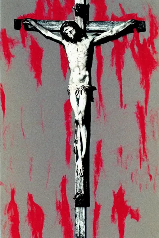 Prompt: red bloody jesus christ crucified painted by cy twombly and andy warhol,