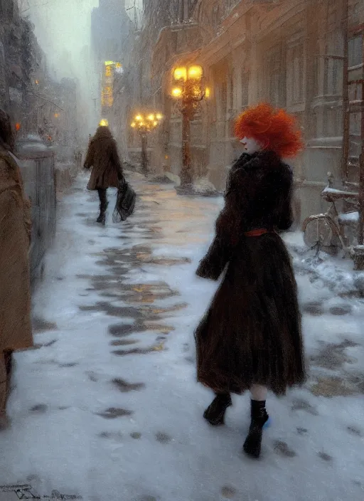 Prompt: back of emma stone in beige coat, orange hair, walking into new york apartment building in winter, artwork by gaston bussiere, craig mullins, trending on artstation