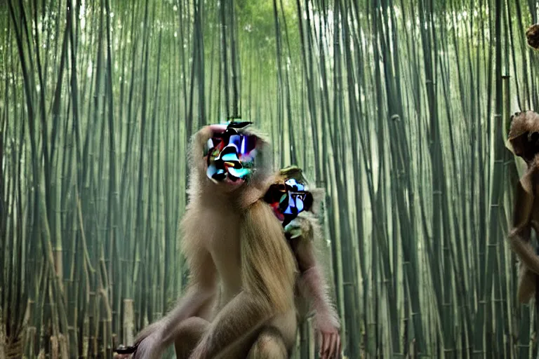 Image similar to cinematography closeup portrait of monkeys dancing in a bamboo forest, natural light by Emmanuel Lubezki