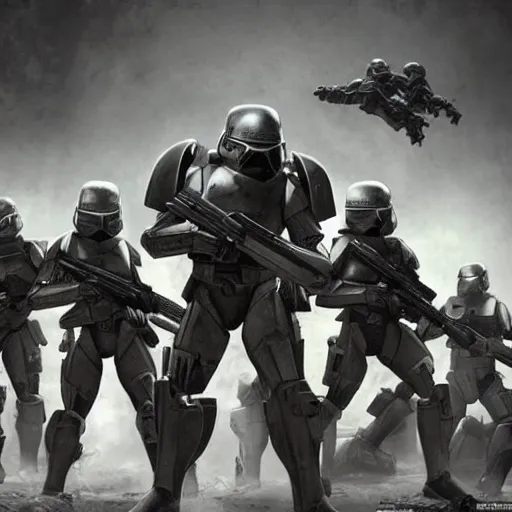 Prompt: Three enclave soldiers standing in the foreground, Half-Life Combine, Fallout Enclave Armor, Wolfenstein, Killzone, Deathtrooper, huge spaceship