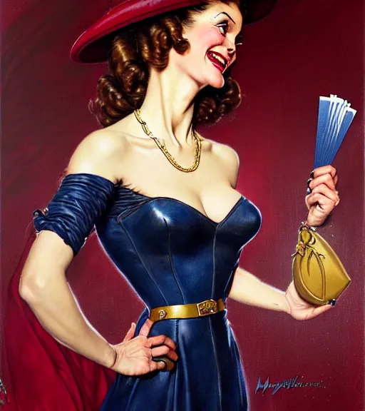 Prompt: a beautiful lady as a magic the gathering card by magali villeneuve and gil elvgren and norman rockwell, crisp details, hyperrealism, smiling, happy, feminine facial features, stylish navy blue heels, gold chain belt, cream colored blouse, maroon hat, windblown, holding a leather purse, mtg