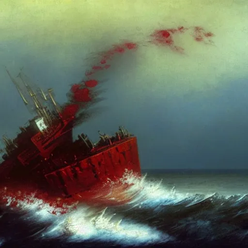 Image similar to bloody ocean, rusted iron ship sinking in red blood ocean, by Ivan Aivazovsky, junji ito, hd 8k