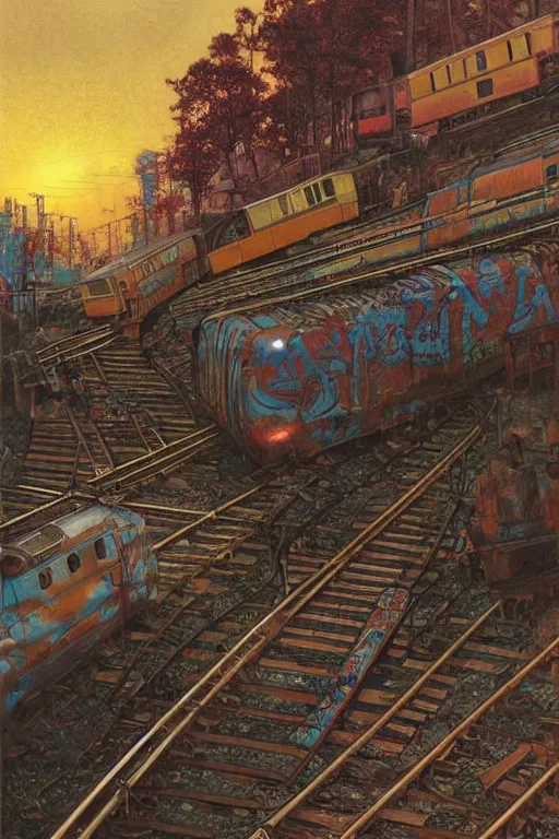 Prompt: trains covered in dripping graffiti paint, by lawrence alma tadema and zdzislaw beksinski and norman rockwell and jack kirby and tom lovell and greg staples and hiroshi yoshid and moebius and loish and artgerm, painterly, symmetrical, ultra detailed, hyper realistic, illustration, sunset lighting