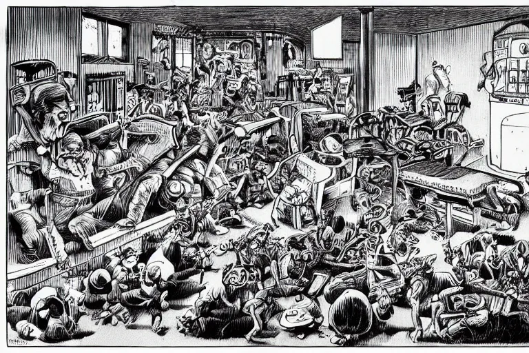 Image similar to a strange battle in an old hospital between old people and babies Robert Crumb Basil Wolverton pen and ink highly detailed perfect composition beautiful strange masterpiece