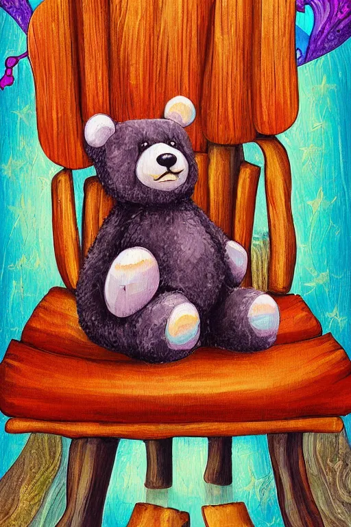 Prompt: a whimsical painting of a whimsical furry teddy bear sitting on a wooden chair painted by jeremiah ketner