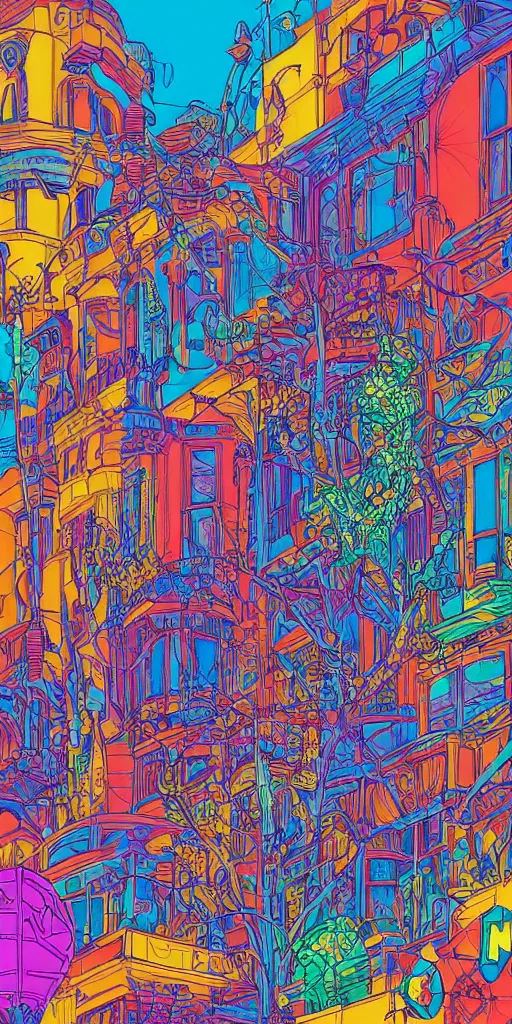 Prompt: the haight in san francisco an ultrafine detailed illustration by james jean, intricate linework, bright colorful colors, behance contest winner, vanitas, angular, altermodern, unreal engine 5 highly rendered, global illumination, radiant light, detailed and intricate environment