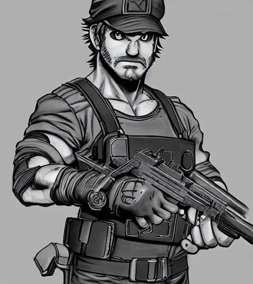 Prompt: portrait mario solid snake by yusuke murata and masakazu katsura, holding a gun with his hand, mario hat, artstation, highly - detailed, cgsociety, pencile and ink, city in the background, dark colors, intricate details