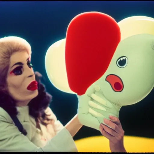 Prompt: !dream a woman wearing an inflatable mouth and holding a a hand puppet, technicolor, john waters, almodovar, expired color film, 1975