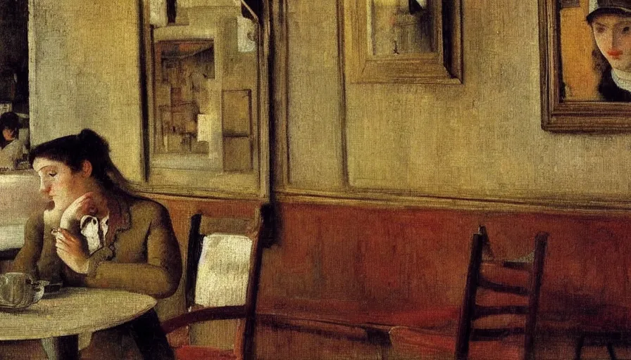 Image similar to painting by balthus, young woman in cafe, detailed, stunning