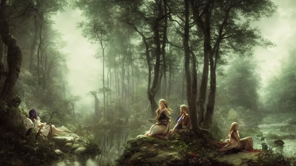 Image similar to elven princess sitting with the monkey god in the melancholy forest. andreas achenbach, artgerm, mikko lagerstedt, zack snyder, tokujin yoshioka