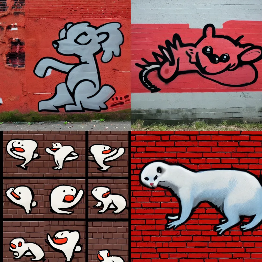 Prompt: ( ( graffiti tag ) * ( furry fandom ) * ( ( friendshaped ) * ( ( ferret * weasel * stoat ) + ( red and black ) ) ) + ( ( smoke cloud ) + ( ( backing ) * brick wall ) )