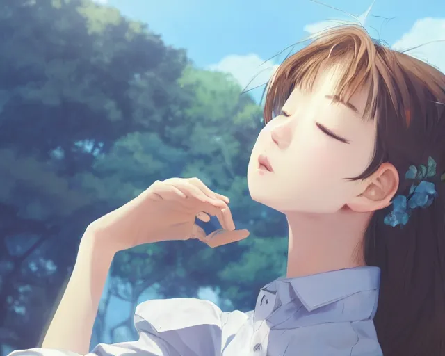 Image similar to teen looking at blue sky, wearing white shirt, back turned, looking up, illustration, by pine ( ハイネ ) and 薯 子 imoko and 香 川 悠 作 and wlop and maya takamura, highly detailed, trending artstation, pixiv, digital art