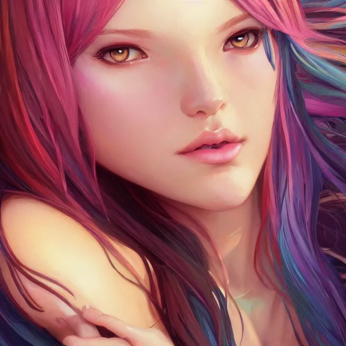 Image similar to portrait of beautiful symmetrical anime girl, rainbow hair, attractive, casual, modern, victoria's secret, highly detailed, digital painting, artstation, concept art, smooth, sharp focus, illustration, art by artgerm, greg rutkowski and alphonse mucha, 8 k,