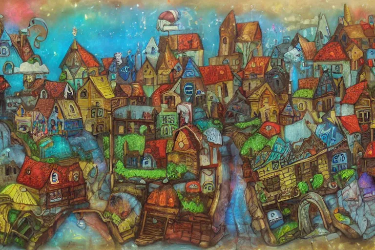 Image similar to a fantasy town, mixed media on canvas, 2 d, whimsical,