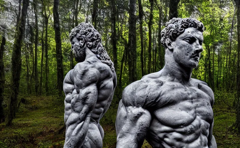 Image similar to a mossy greek marble statue of a very muscular man abandoned in the middle of a forest near a lake at sunset, concept art, godrays, complementary colors, calm, relaxing, beautiful landscape, highly detailed, high quality, 4k HDR, path tracing, serene landscape, high coherence, soft lighting