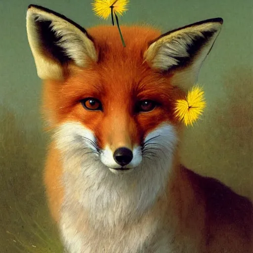 Image similar to A portrait of a fox wearing a hat which is covered in dandelions. The fox is cute and smiling. Painting by Robert Cleminson and William-Adolphe Bouguereau