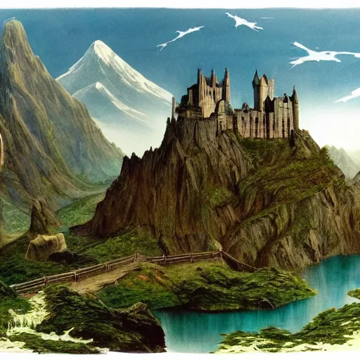 Prompt: 🏰🌄🏞️🌳🌲🌳🌲, George RR Martin, JRR Tolkien, Alan Lee, Frank Frazetta, Irish castle on an island in a lake