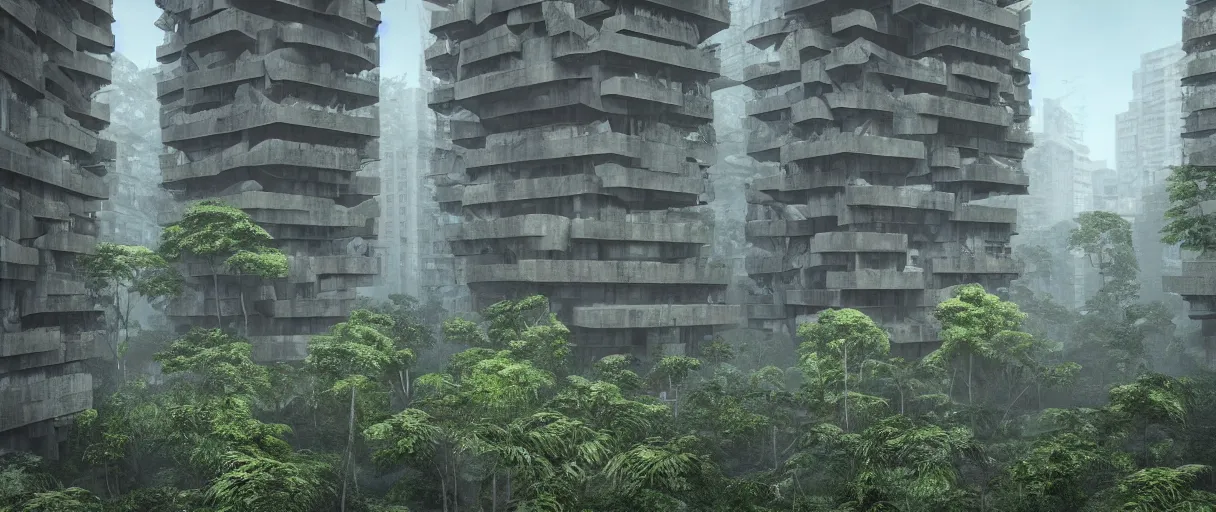 Image similar to brutalist architecture inspired by louis kahn deep in the rainforest. nature is taking over. matte painting by ivan laliashvili. unreal engine 5 render. color scheme blueish. hard shadows. cinematic.