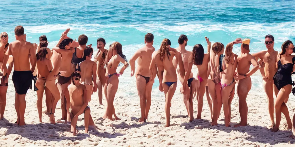 Image similar to a group of beautiful looking people bathing on the beach with big waves in the background all dressed