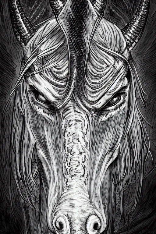 Image similar to demon horse with a horn, symmetrical, highly detailed, digital art, sharp focus, trending on art station, kentaro miura manga art style