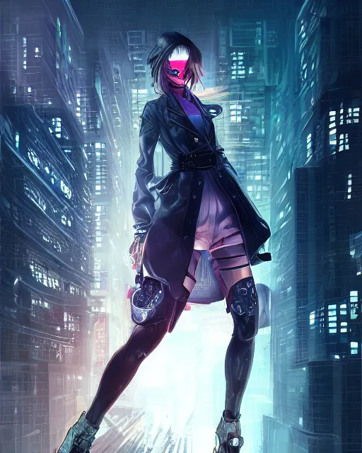 Prompt: photorealistic character portrait of a beautiful half cyborg woman with a mischievous look, the half cyborg woman is wearing a long trench coat, in a night rooftop scene by Liam Wong, character portrait in the style of Artgerm and NeoArtCorE
